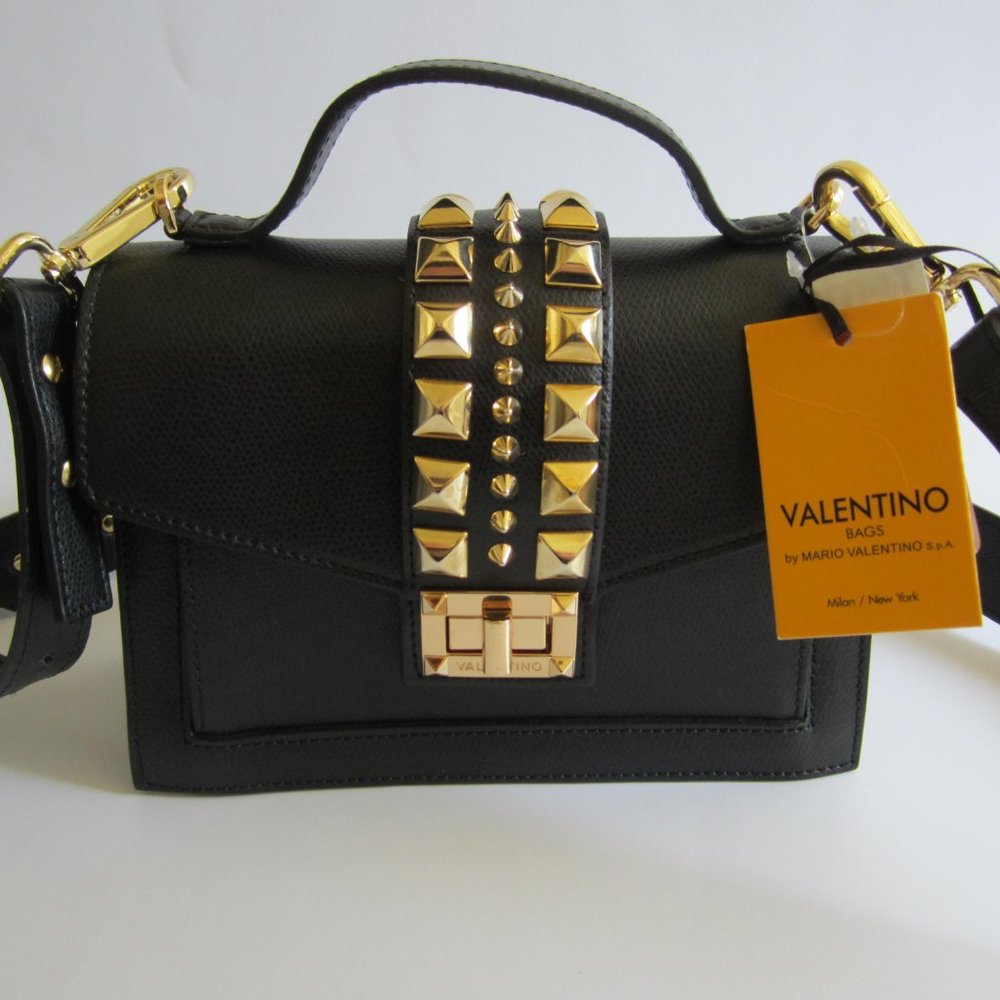 Valentino By Mario Valentino Black Leather Gold Studded Top Handle Cross… - Picture 2 of 12